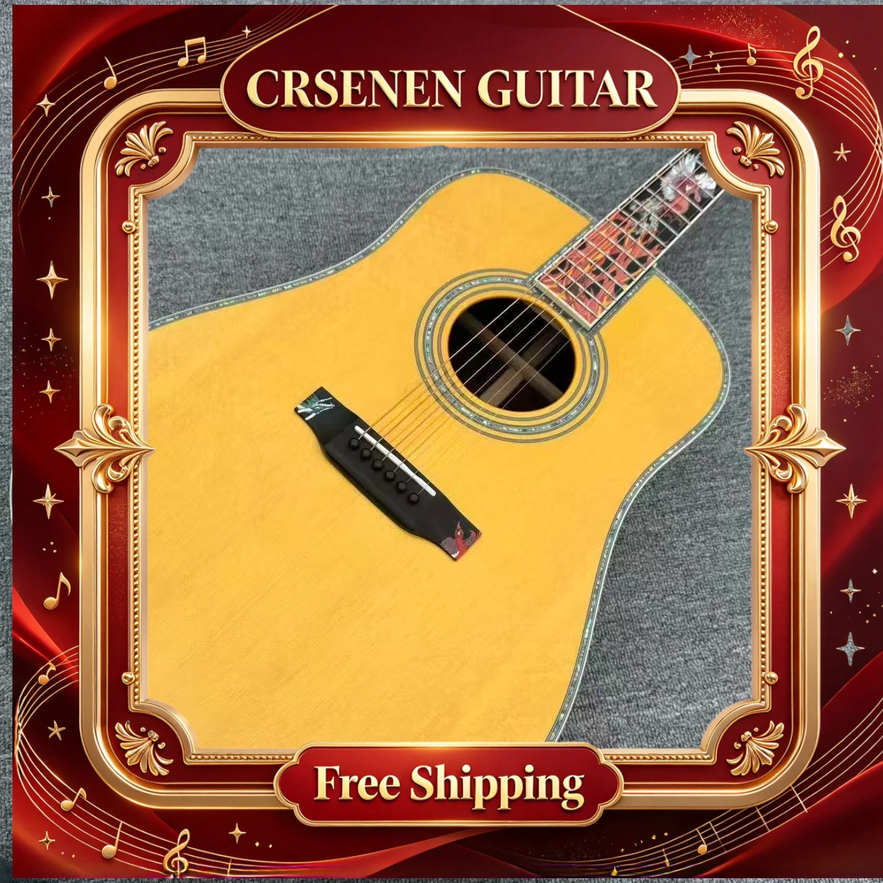 Free Shipping Ice And Fire Solid Wood Yellow 6 String ce Fire Inlay Acoustic Guitar Halloween Gift Wooden Guitar Folk Guitar