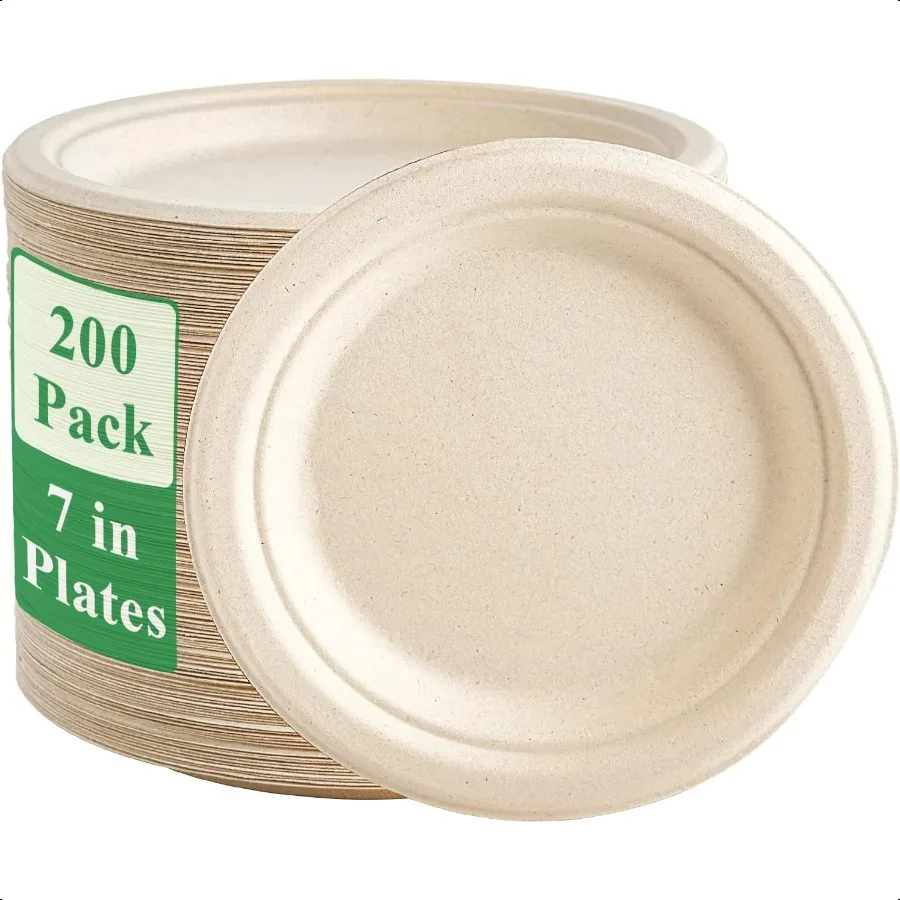 

200 упаковок бумажных тарелок, 7 дюймов, 100 компостируемых сверхпрочных бумажных тарелок Bagasse, натуральный биоразлагаемый экологически чистый сахарный тростник