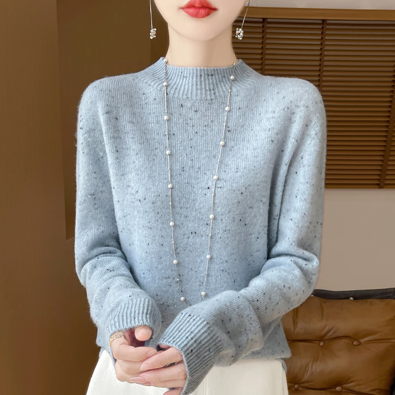 Half height collar Women sweater Long Sleeve Casual Top Knit Elegent Wool Dot yarn Knitwear Autumn Winter Mock Neck Pullover