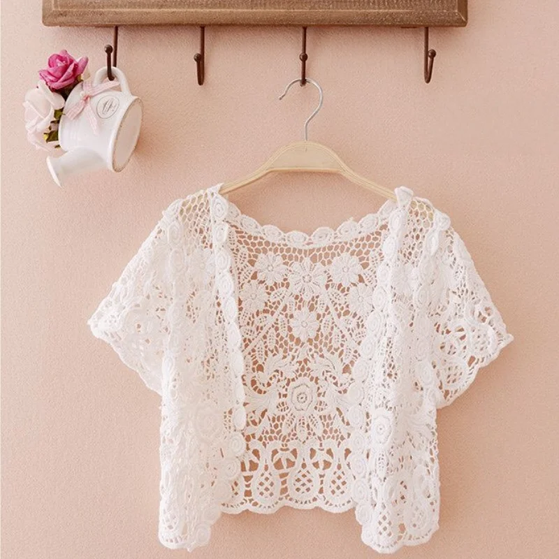 Womens Floral Crochet Sheer Short Sleeve Beach Cover Up Shrugs Crop Bolero Jackets for Dress Sunscreen Open Front Lace Cardigan - view 3