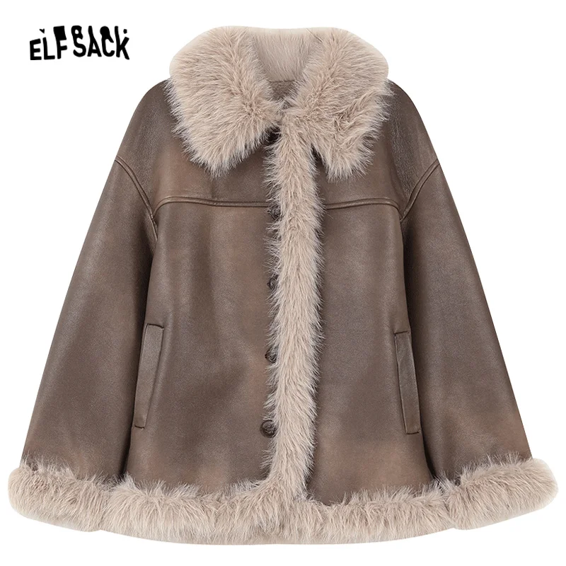 ELFSACK Fleece PU Coats Woman 2023 Winter New Designer Luxury Clothes