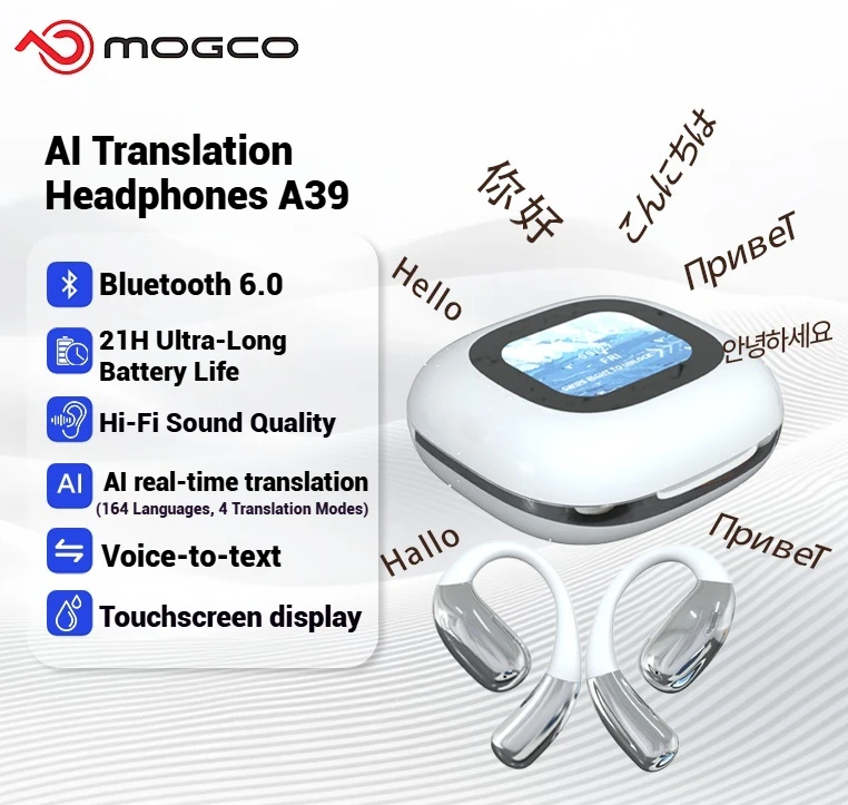

Многоязычные наушники-переводчики A39, сенсорный дисплей, AI-поддержка 164 языка, Bluetooth 6,0, наушники с шумоподавлением