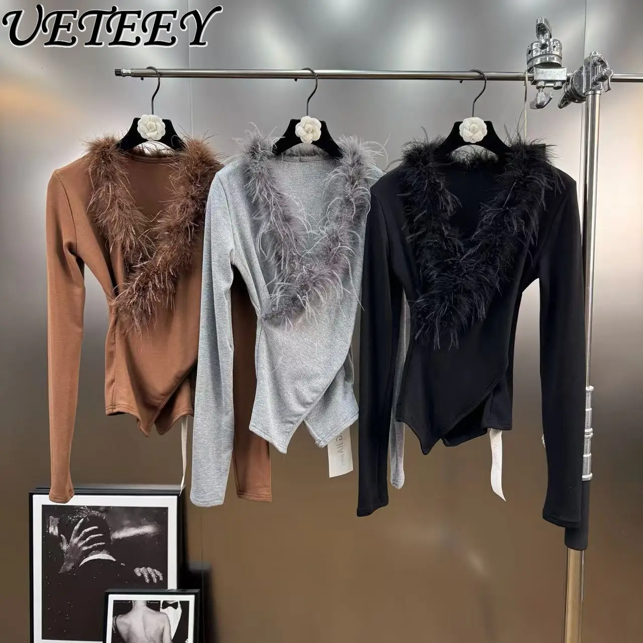 

Осень-зима, новый пуловер со страусиными перьями и v-образным вырезом, модная облегающая рубашка с начесом для женщин