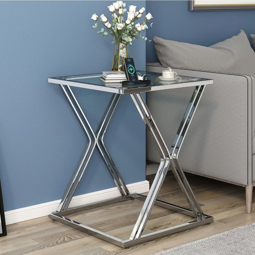 Living Room Table Chrome End Table With Tempered Glass Silver Nightstand With Square Base Free Shipping Console Coffee Side Home