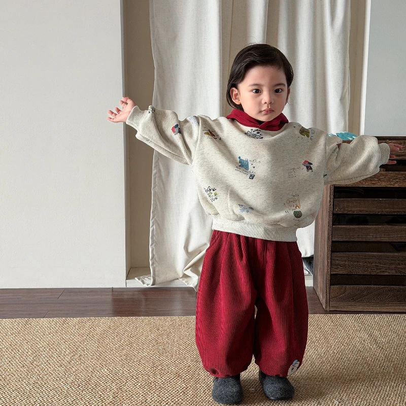 2025 New Winter Festival Atmosphere Plush Children's Hoodie and Lantern Pants Two Piece Set