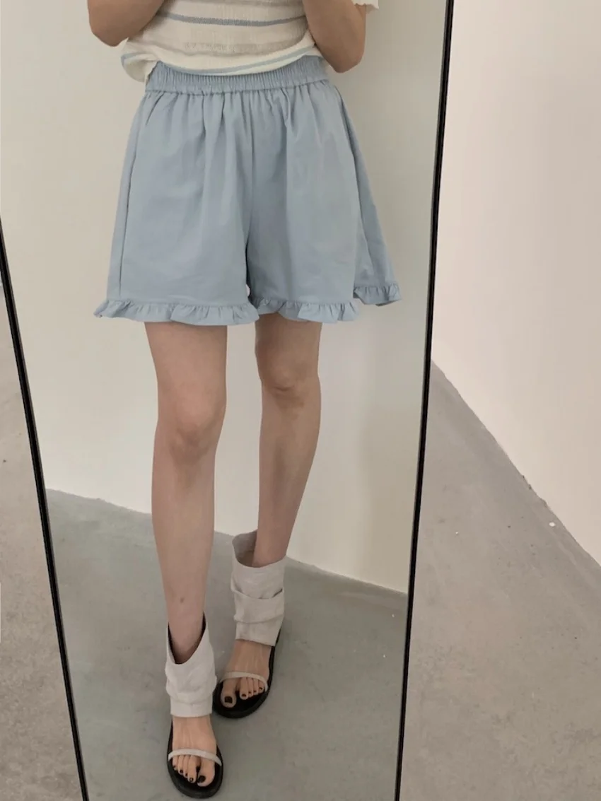 Estrangeiro kitty shorts confortáveis femininos algodão chique casual novo verão babados doce todos os jogos moda cintura alta streetwear diariamente