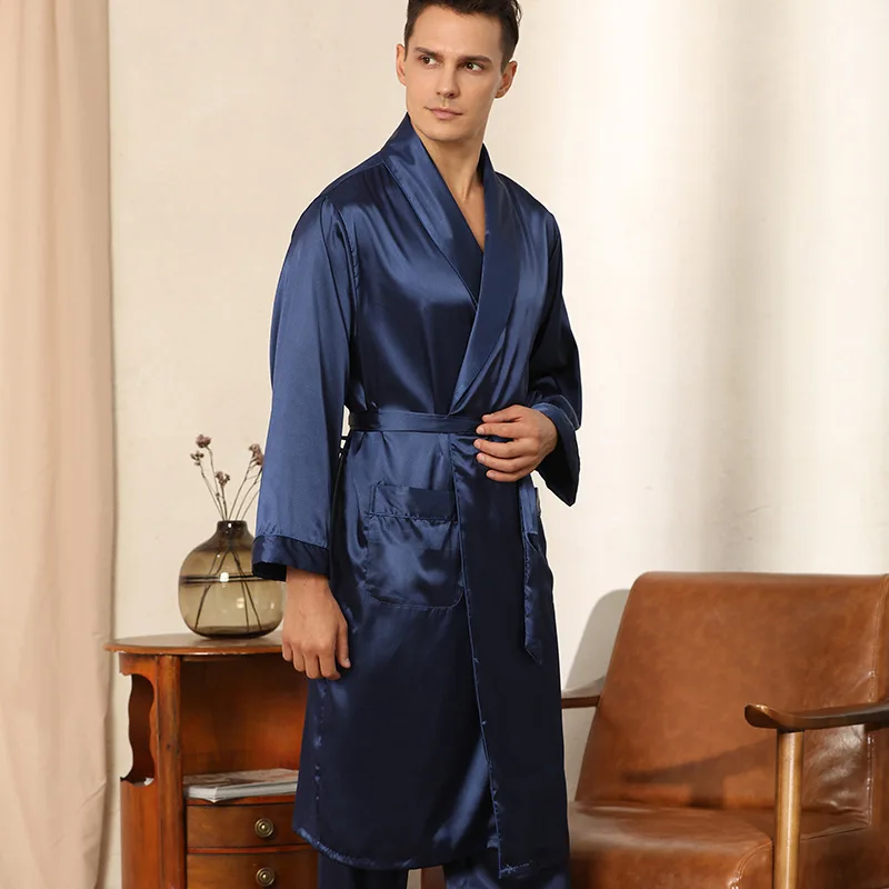 Men Pajamas Satin Kimono Robe Gown With Pants Thin Nightgown Two-pieces Bathrobe&Trousers Suit Summer Long Sleeve Nightwear