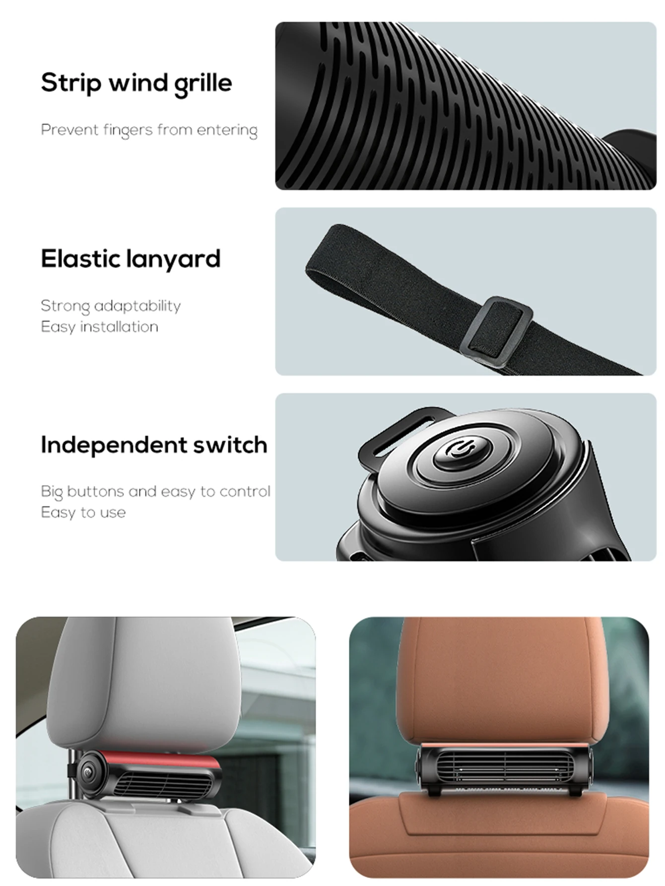 Vissko Portable Car Seat Fan for Front Rear Seat Passenge USB Powered Headrest Cooling Air Fan Adjustable Strap Car Interior Fan image 6