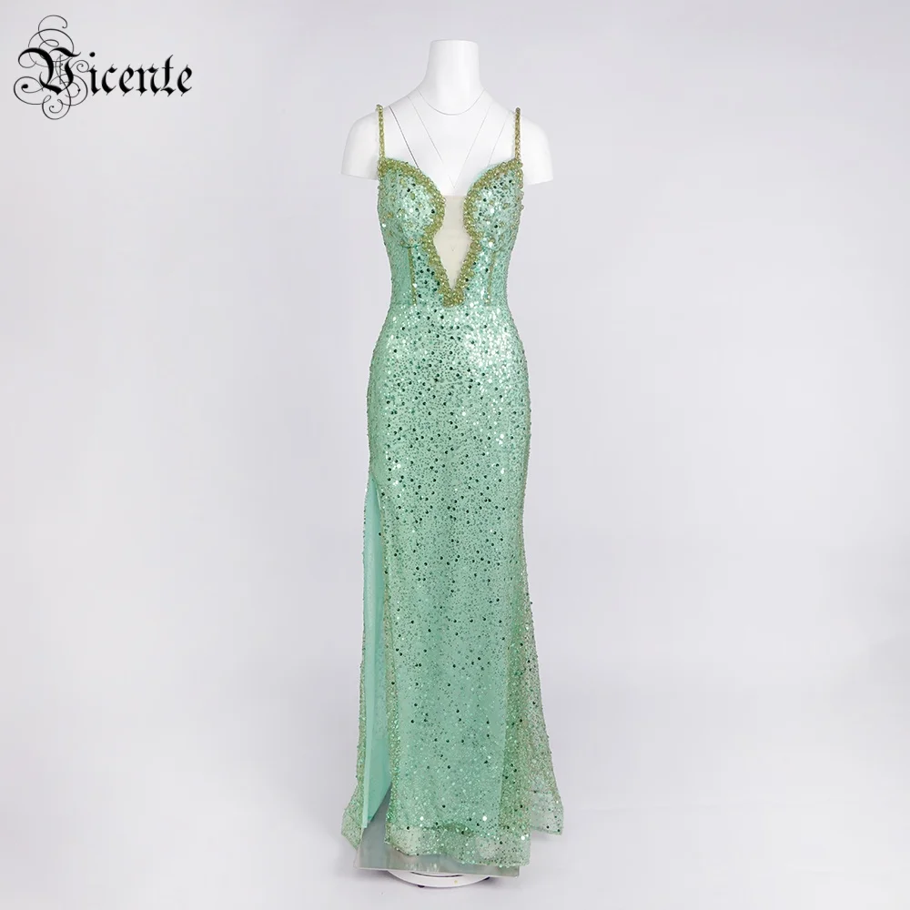 VC Lebhaftes grünes Meerjungfrauenkleid, ärmelloses Spaghettiträgerkleid mit V-Ausschnitt und hohem Schlitz für formelle Date-Nacht