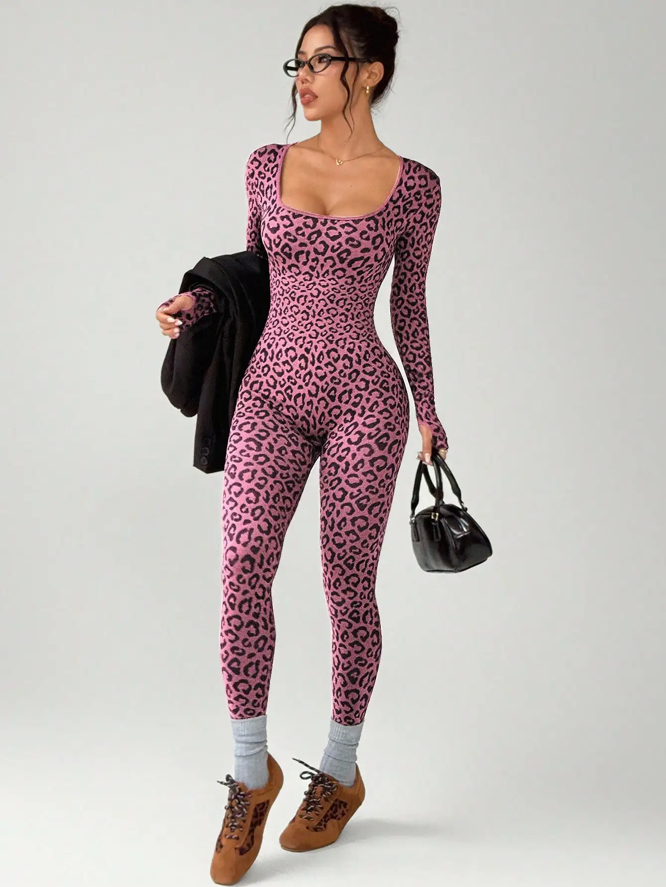 Pittige strakke jumpsuit met luipaardprint in meisjesstijl voor afslanken, heupknuffelen, U-vormige kraag, elastische jumpsuit met lange mouwen