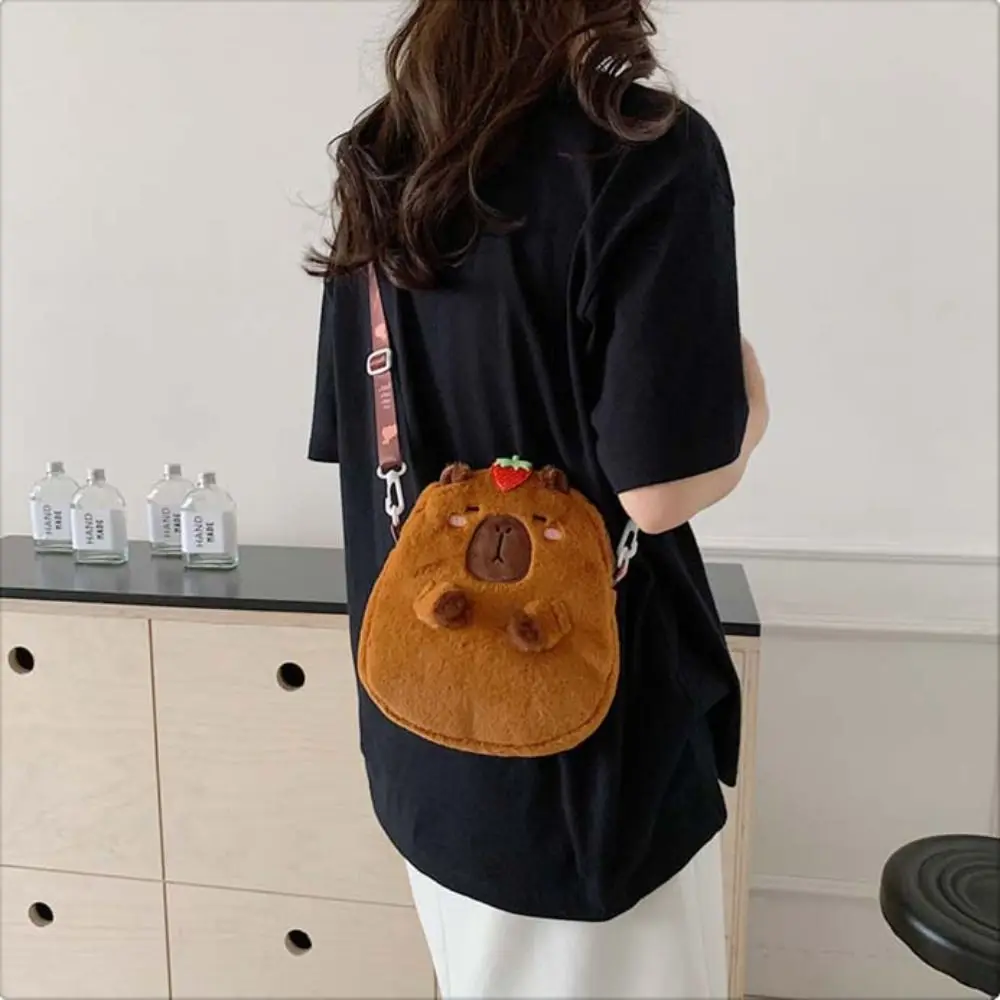 Animal Cartoon Capybara Plush Shoulder Bag Large Capacity Stuffed Capybara Crossbody Bag Zipper Cotton Cartoon Capybara Handbag