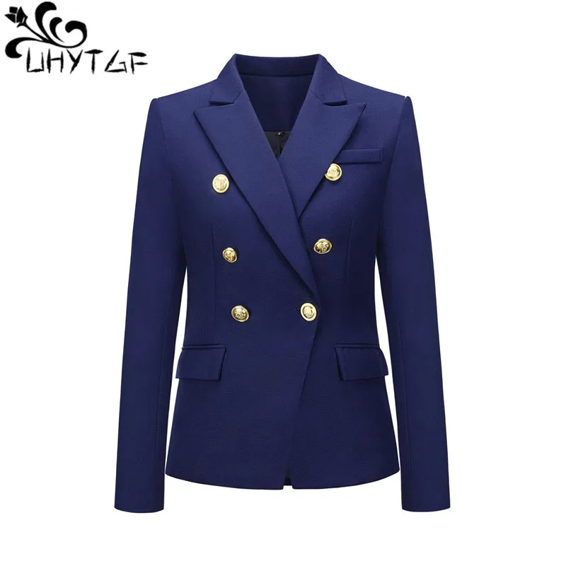 UHYTGF 2023 Classic Baroque Ner Jacket Women\'s Double Breasted Casual Short Blazer Coat Female Slim Autumn Winter Outerwear 2698