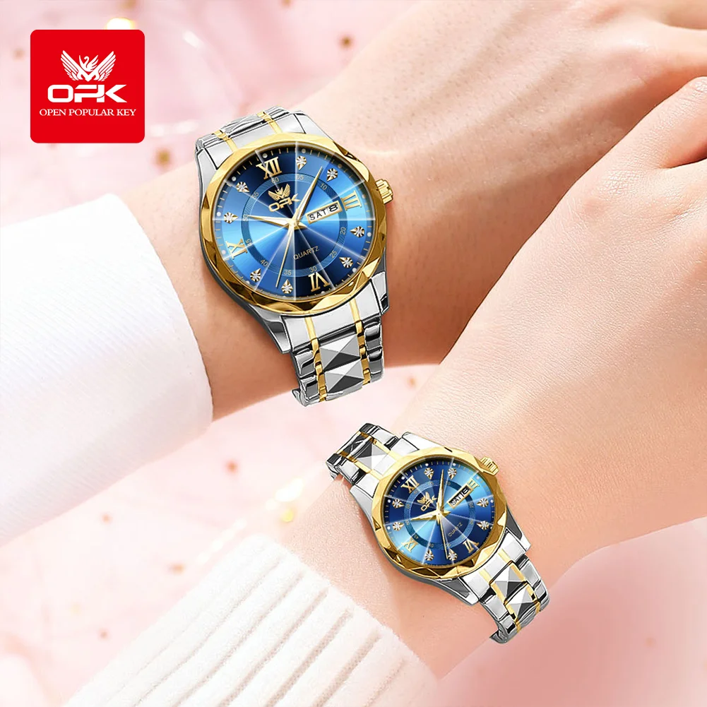 OPK Couple Watches 6023cp Trend Fashion Original Quartz Watch for Lover Rhombus Texture Strap Double Scale Waterproof Date Week