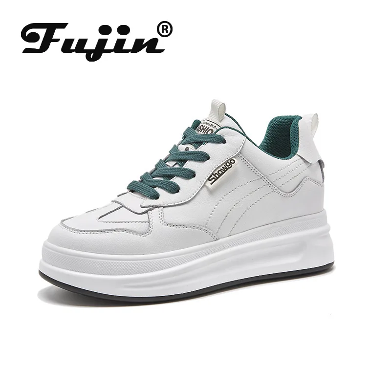 Fujin Full Cow Genuine Leather Women Casual Shoes White Leisure Shoes Chunky Sneakers Platform Wedge 6cm Heel Spring Autumn