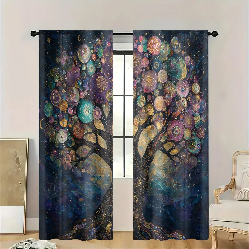 Bohemian Boho Celestial Tree of Life Curtain Semi Sheer Window Panel Mystical Cosmic Art Privacy Curtain for Bedroom Living Room