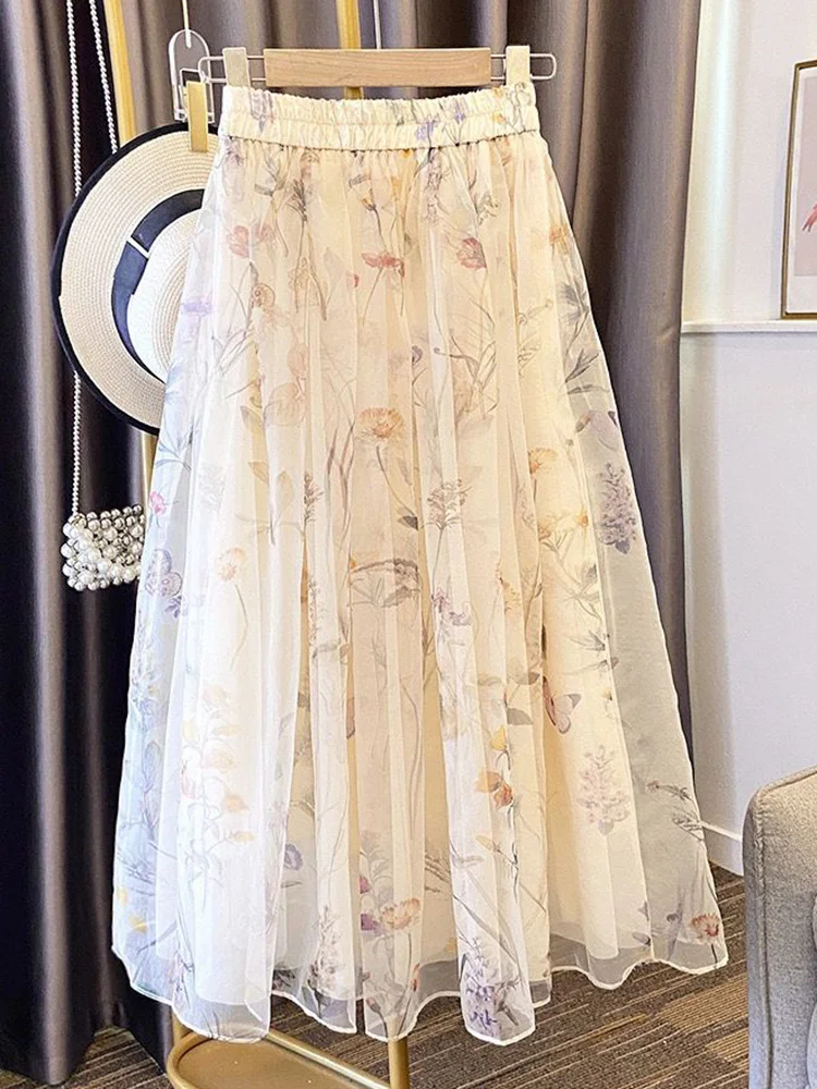 Chiffon Floral Long Skirts Women Loose High Waist Fashion Elegant Skirt Spring Summer Korean Chic Sweet Lady Ins Soft Long Skirt