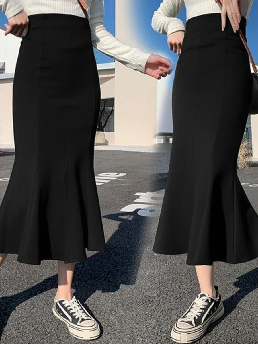 Women Elegant Black High Waist Mermaid Skirts Vintage Ruffle Hem Midi Skirt Korean Fashion Slim Bodycon Office Lady Casual Wear