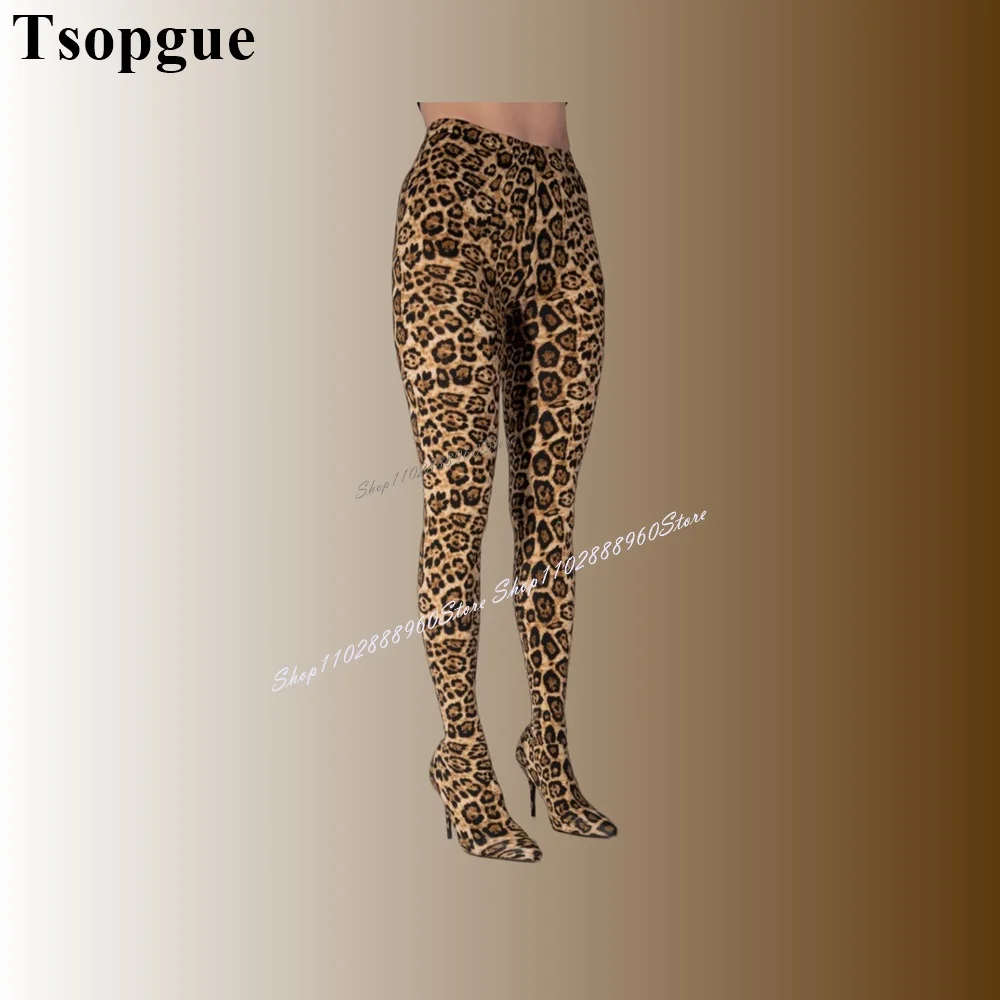 Waist High Brown Leopard Print Trouser Boots Thin High Heel Women Shoes Slip-On Pointed Toe 2024 Fashionable Zapatos Para Mujere