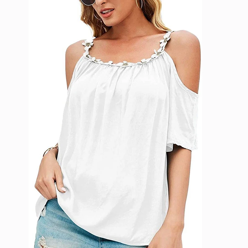 Sexy Off Shoulder Shirt Women 2024 Summer Short Sleeve Fashion Pullover Blouse with Flower Tops Loose White Blouses Blusas 24933