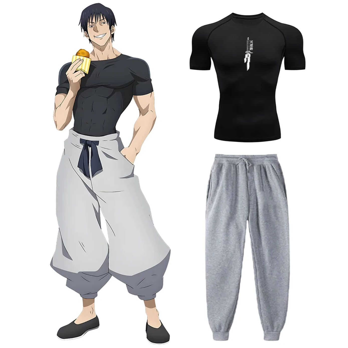 Anime Jujutsu Kaisen Toji Compression Shirt Set Casual Performance Set Men's Athletic Workout Quick Dry Tee+Sweatpants Unisex