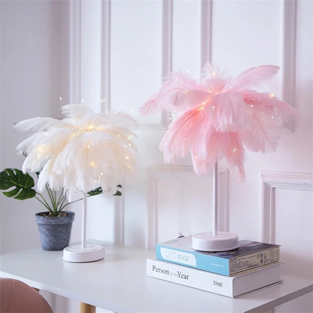 Lámpara de mesa de plumas LED de noche, luz cálida creativa DIY, pantalla de pluma de árbol, decoración de dormitorio del hogar de boda con Control remoto