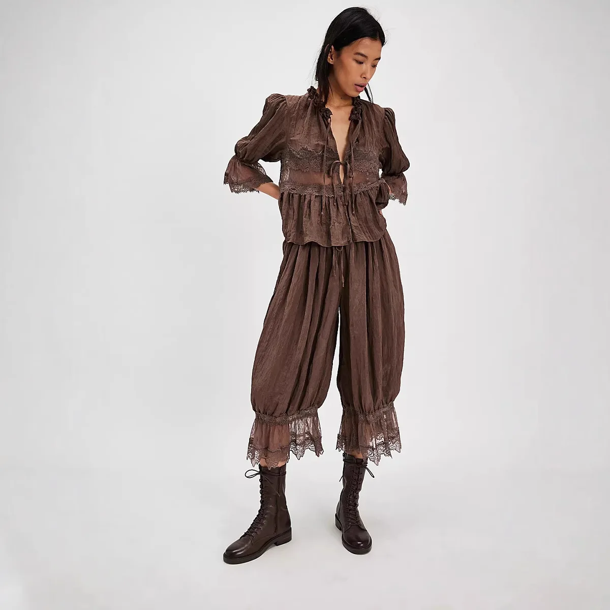 Dstring Knitted Casual Trousers Polyester Fiber Pant Women's High Waist Loose Fit Bloomers Cropped Pants
