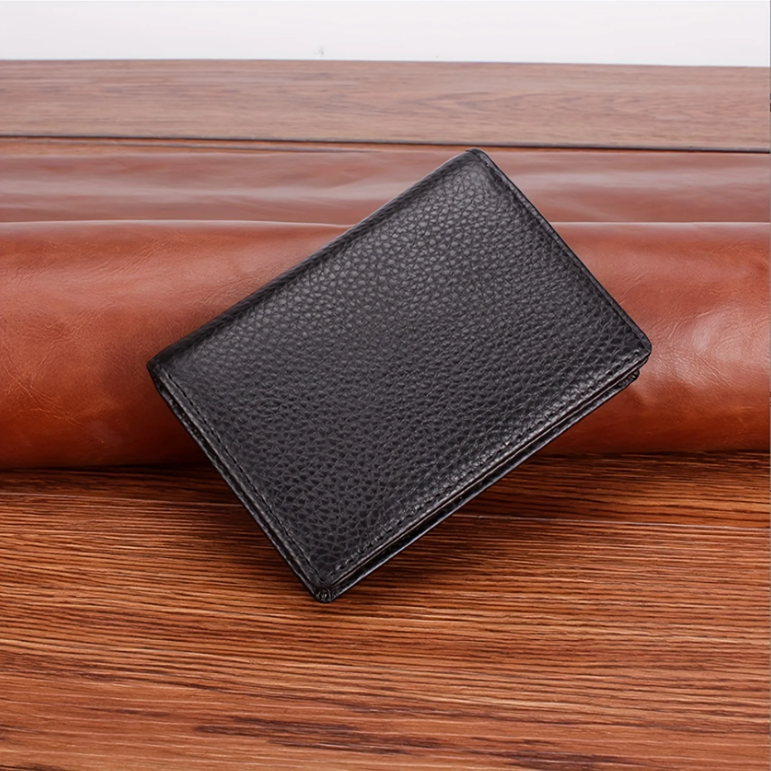 Classic Durable Business Card Holder, Multi-layer Clutch in Lychee Pattern Cowhide Leather for Large Capacity Credit and ID Card