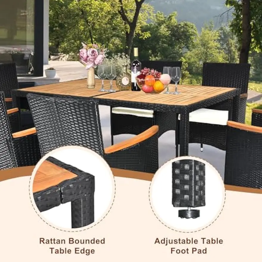 Wicker Patio Dining Set, Outdoor Dining Set para 6 Mobiliário de Pátio, Acacia Wood Table and Chairs for Yard, 7 Pcs