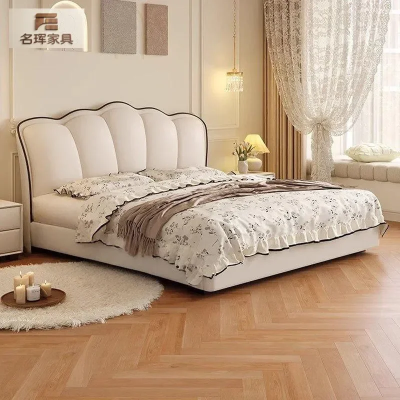 Luxury Leather Bed 1.8m Double Queen Size Soft Upholstered Master Bedroom Furniture Cream Style Wedding Bed High End Design