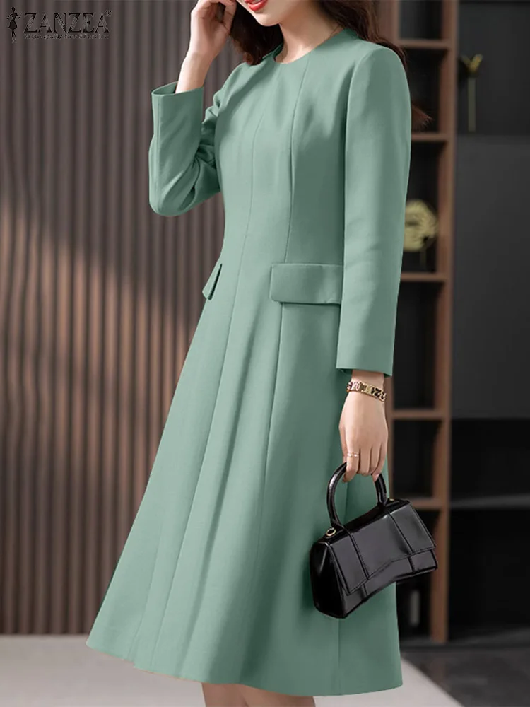 

ZANZEA Women A-line Long Dresses Fashion Office Shirt Dress 2024 Spring Round Neck Robe Elegant OL Pleated Collect Waist Vestido