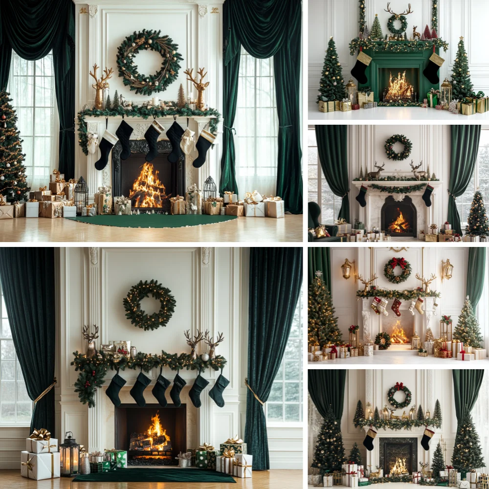 

White Christmas Fireplace Photography Backdrop Green Curtain Xmas Tree Santa's Gift Workshop Background Winter Family Photo