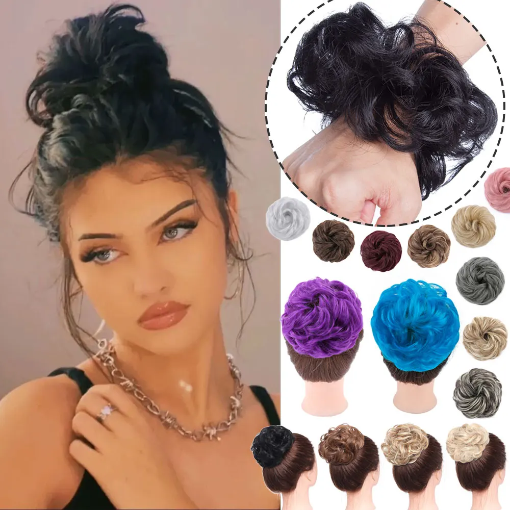 Thick Messy Curly Hair Bun High Temperture Fiber Hair Exrensions Wrap Curly Ponytail Elastic Hair Bun 35g Synthetic Hairpieces