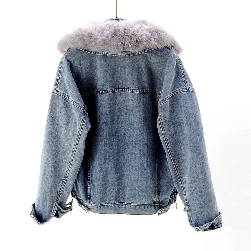 Autumn Winter Natural Fox Fur Collar Removable Rabbit Fur Liner Denim Jacket Coat Women Loose Hem Split Fork Jeans Jacket Female