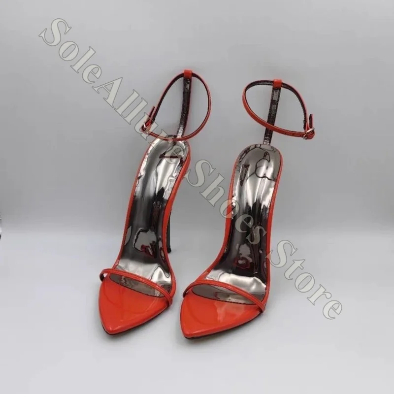 Women Red Patent Leather Stiletto Heels Open Toe Ankle Strap Buckle Sexy Summer Party Prom Evening Wedding Dress Sandals