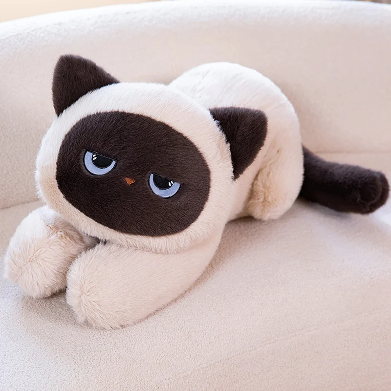 Cuscino lungo in peluche con gatto siamese, bambola di peluche morbida, cuscino per gatto siamese sdraiato per regalo di decorazione della stanza del divano