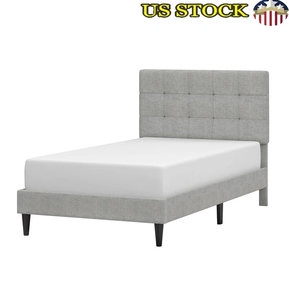 

Contemporary Upholstered Twin Platform Bed Adjustable Headboard Square Tufted Design Wooden Construction Mattress Ready Easy