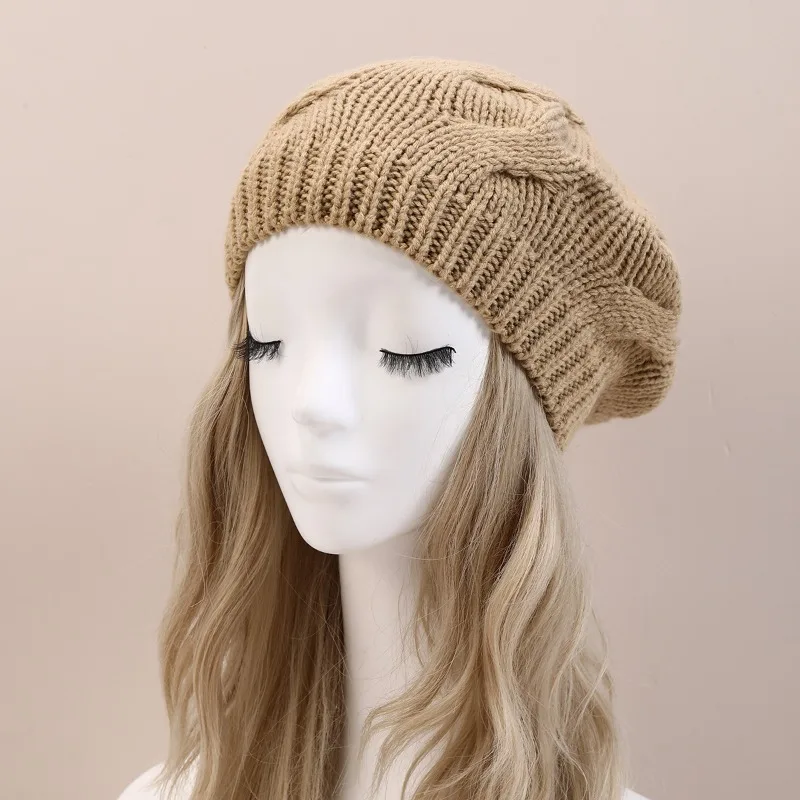 Solid Color Thick Textured Knitted Beret‑Style Skull Cap Warm Relaxed Fit Headwear for Autumn Winter Daily Outdoor Street Wear