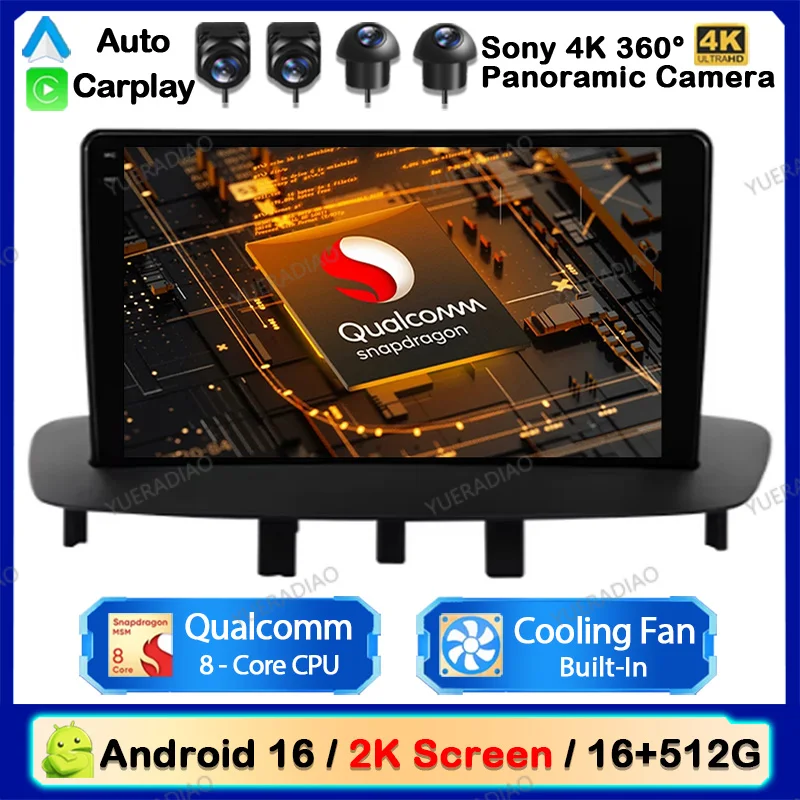 Radio para coche Android 16 para Renault Megane 3 2008 - 2014 Reproductor multimedia estéreo de video 2K QLED GPS NAVI CarPlay Auto 4G WIFI QLED