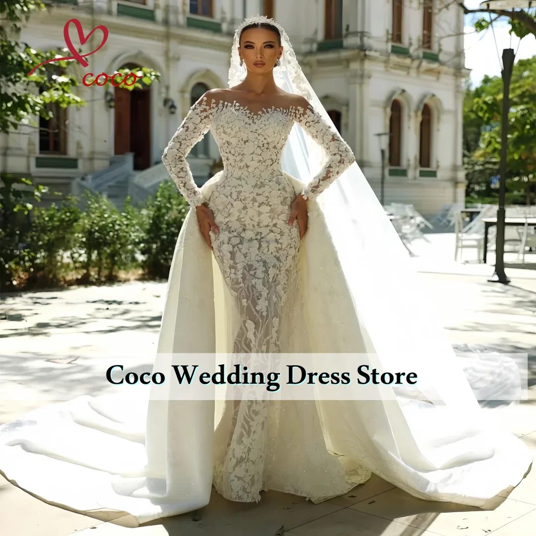 

Изысканные аппликации по индивидуальному заказу, кружево с длинным рукавом и съемным шлейфом, свадебное платье русалки, свадебное платье Vestido De Noiva