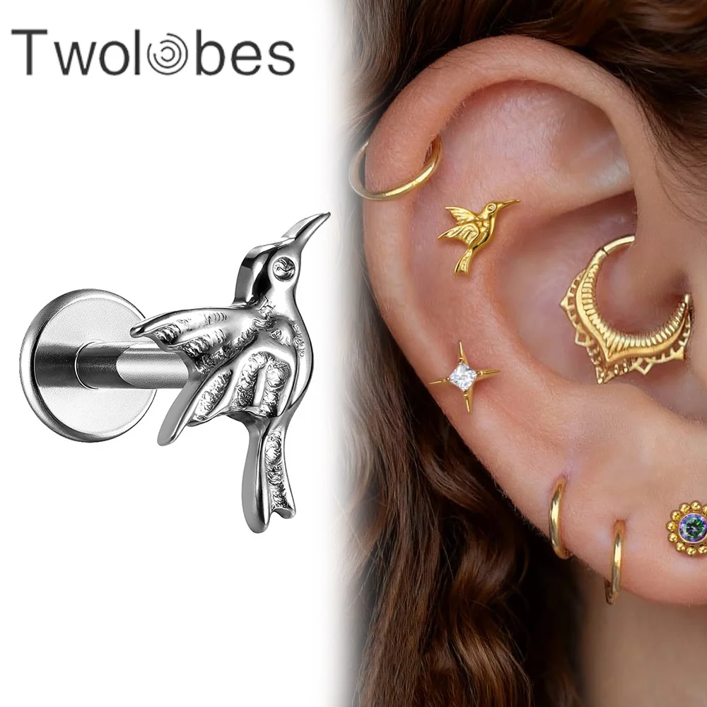 Twolobes 1PC ASTM F136 Titanium Hummingbird Labret Flat Back Studs 16G 18G Internally Threaded Bird Cartilage Piercing Jewelry