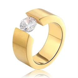 2024 Fashion Gold Color Stainless Steel Ring For Men/Women Jewelry Accessories 6MM Trendy Crystal Zircon Engagement Wedding Band