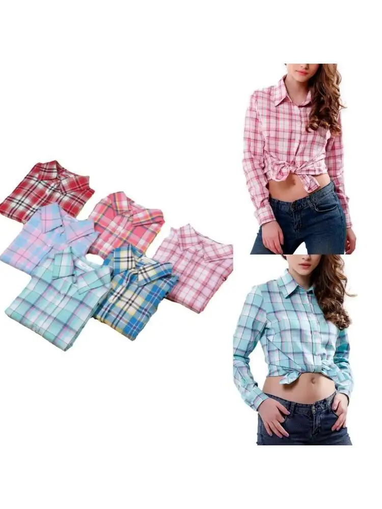 Women Cotton Blouse Plaid Long Sleeve Shirts Spring Formal Blouses Turn Down Collar Lady's Office Top