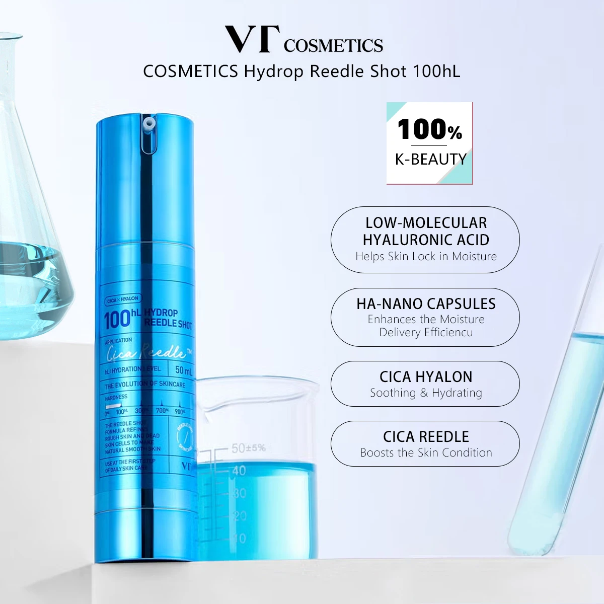 VT COSMETICS Hydrop Reedle Shot 100hL,Clear Serum Texture,Hydrating Fluid Formula,Silky Essence,Korean Skincare,Korean Makeup