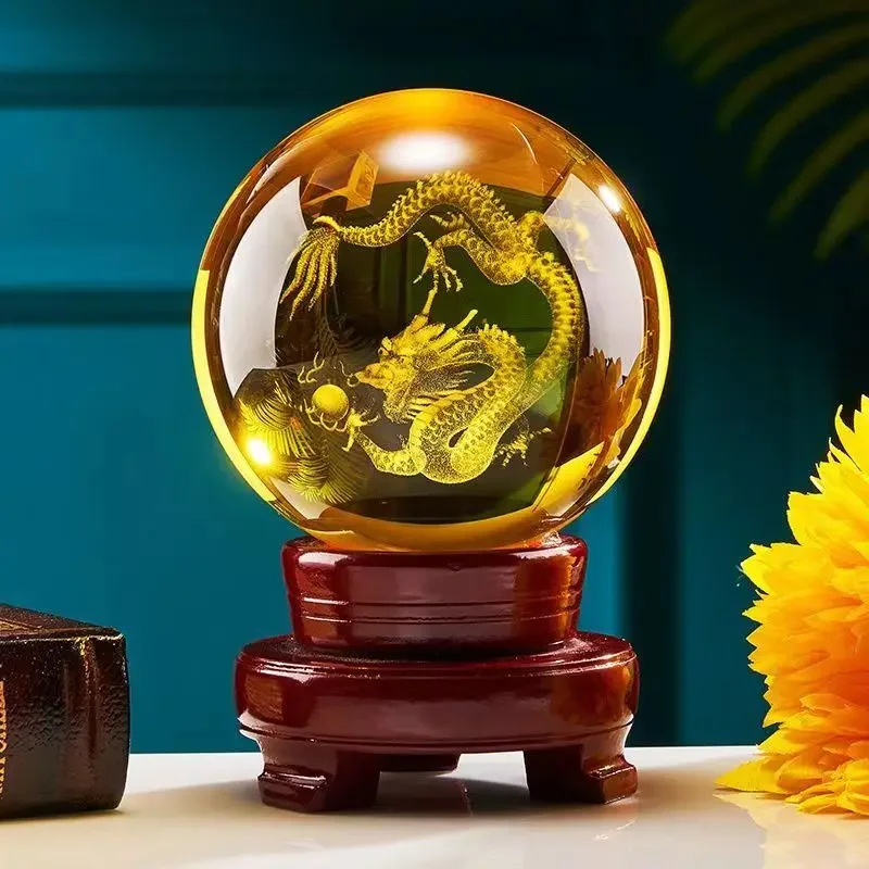 Chinese Dragon Crystal Ball Feng Shui Glass Sphere Take in Wealth Power Home Decoration for Living Room Office 8/10/12cm