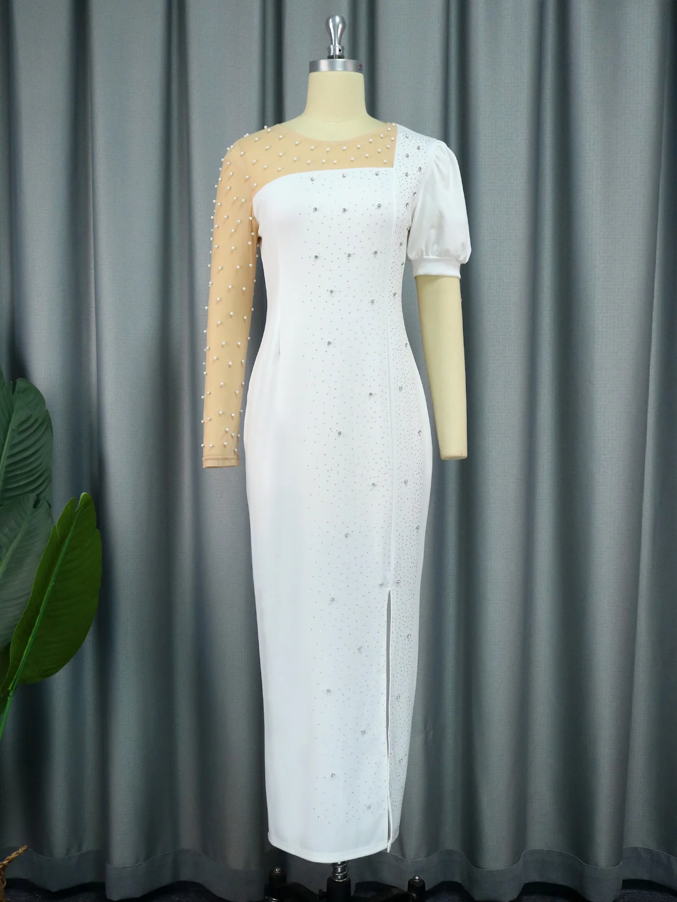 Elegant Women Party Dresses Luxury Beaded Diamond Sheer Sleeve Asymmetrical White Midi Bodycon Dress Evening Celebrity Gowns