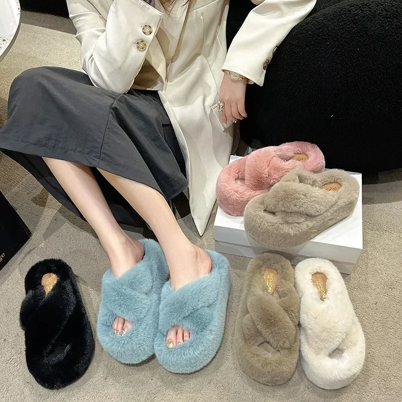 Kobieta Furry Ladies Faux Fur Luxury Fluffy Plush Slipper House Fuzzy Girl Platform Indoor Flat Casual Sandals Round Toe Winter