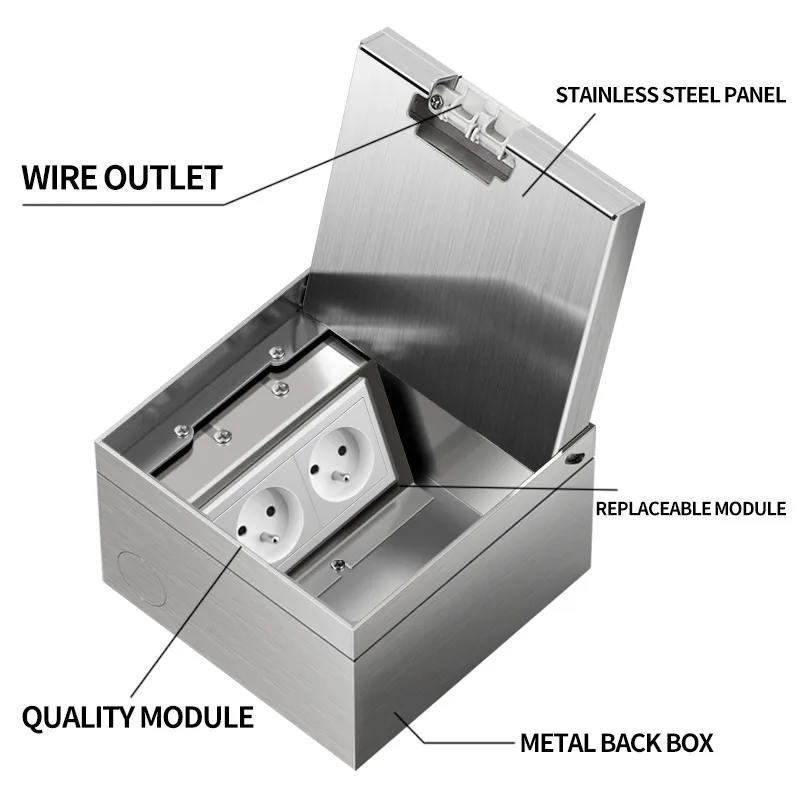 Flat Floor Hidden Electrical Socket, EU FR UK Outlet Embedded In Stainless Steel Marble For Home And Office Use 130mm X 130mm