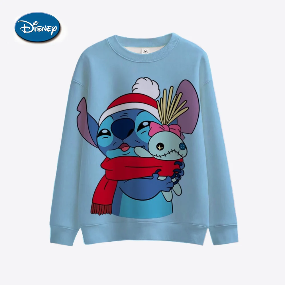 Disney Stitch Women\'s Christmas Hoodie Knitted Sweatshirt Round Neck Long Sleeve Shoulder Sweatshirt Top Harajuku Hoodie