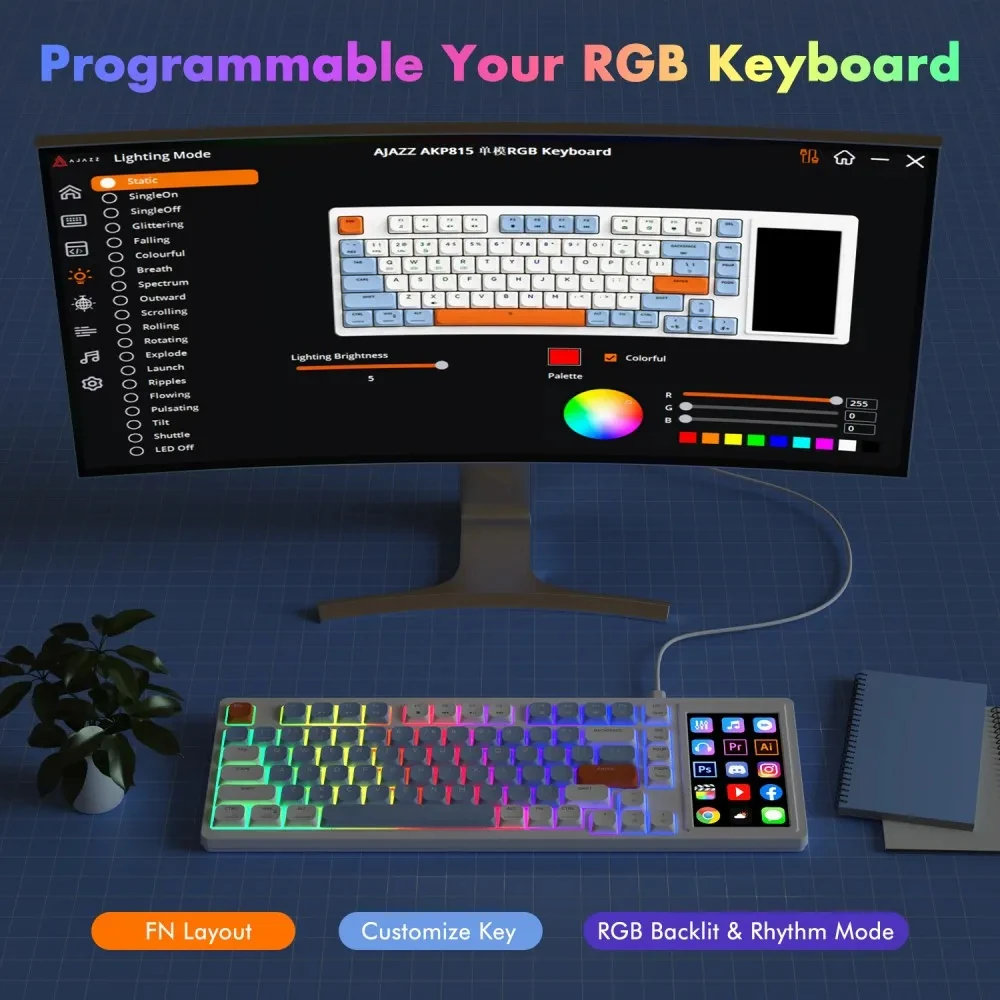 Imagem -03 - Ajazz-wired Teclado Mecânico Rgb Light 81 Key Touch Screen Programação Visual Custom Driver Game Periféricos de Escritório Akp815