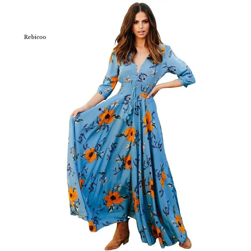 Summer Women Floral Dress Summer High Split Dress Sexy V-neck Beach Boho Dress Three Quarter Sleeves Maxi Long Dresses